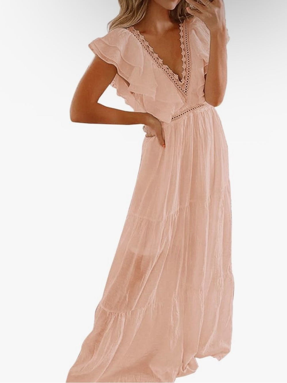 Blush Pink Maxi Dress with Lace Trim